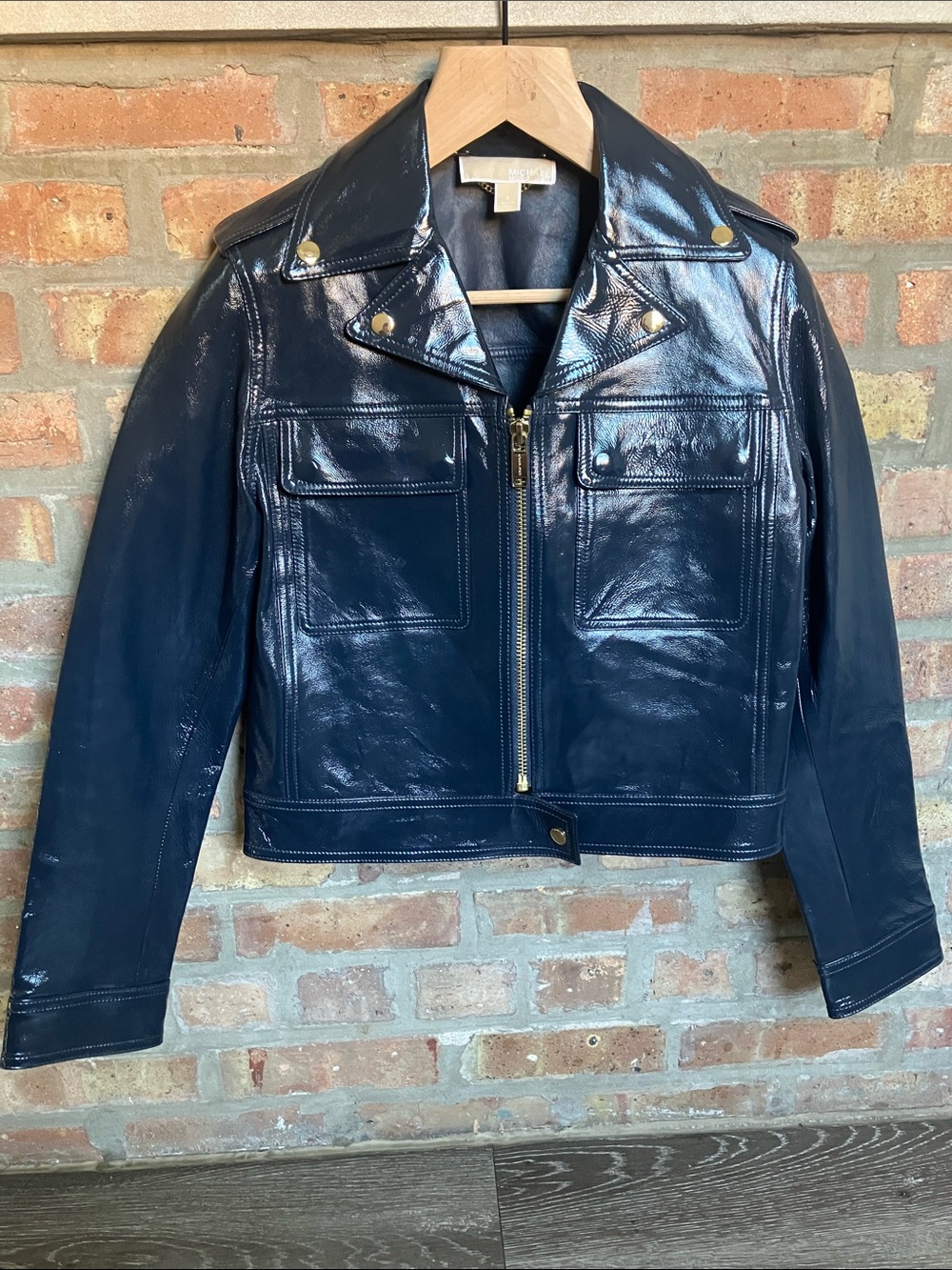 MICHAEL Michael Kors Navy Patent Leather Moto Jacket